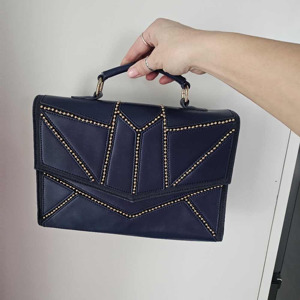 Nila Anthony Vegan Leather Top-Handle Bag Gold-tone Studs Purse Royal Blue
